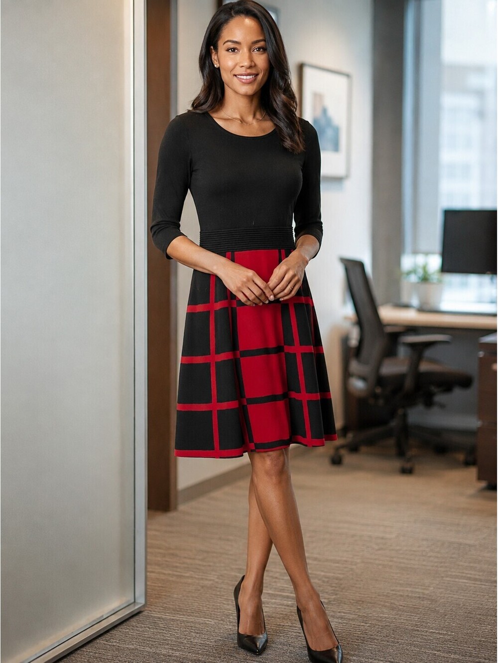 Danny & Nicole | S | Black Red Colorblock Three Quarter Sleeve Dress